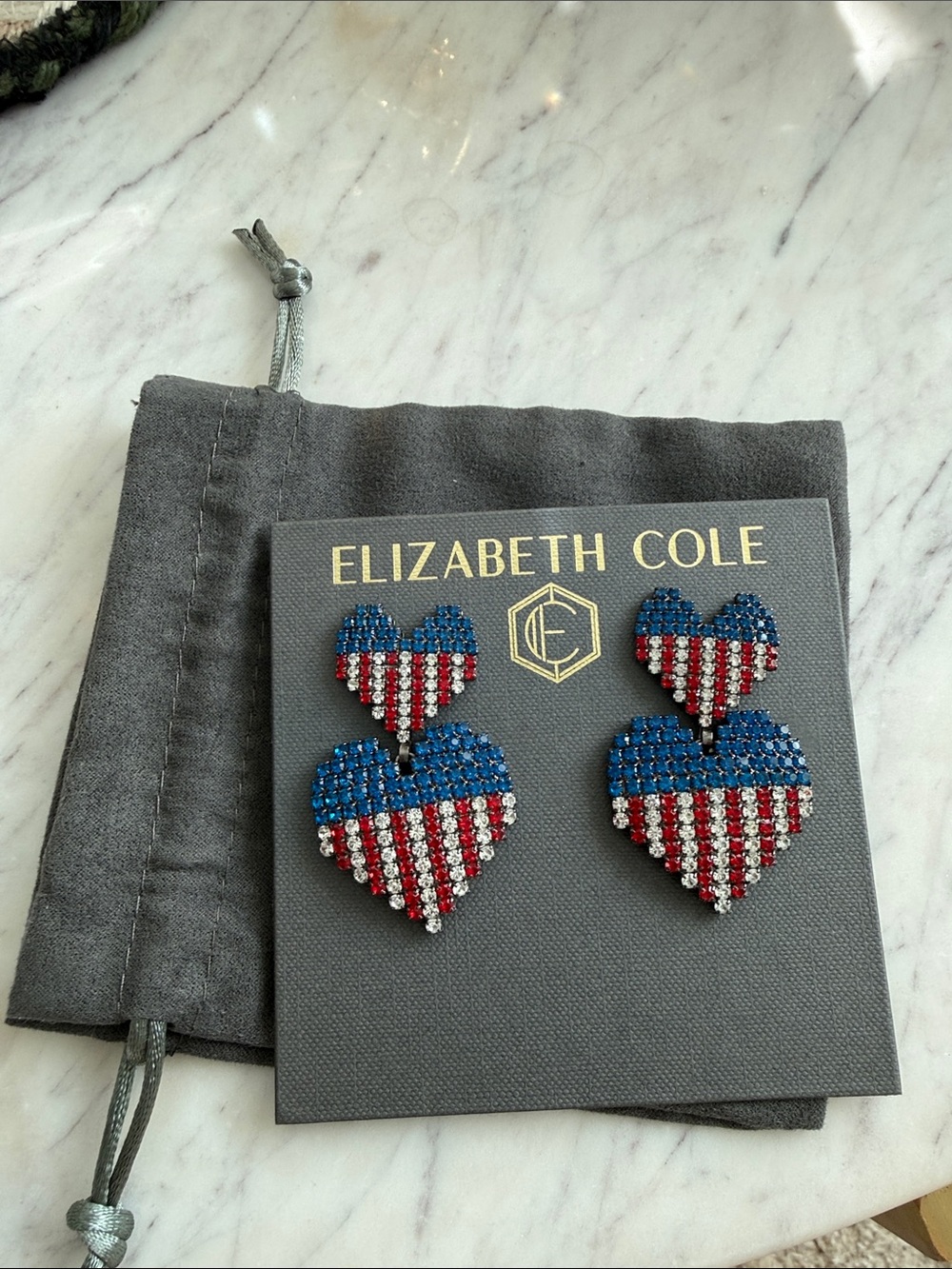 Elizabeth Cole Patriotic Beaded Double Heart Earrings